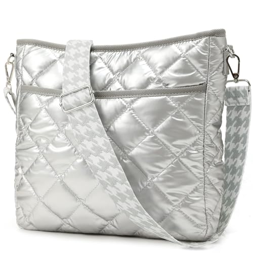 JVCV® Women's Quilted Puffer Crossbody Bag - Lightweight & Stylish Shoulder Bag with Adjustable Strap - Perfect for Everyday & Travel (Silver) - Image 1