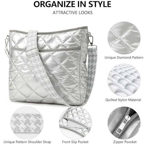 JVCV® Women's Quilted Puffer Crossbody Bag - Lightweight & Stylish Shoulder Bag with Adjustable Strap - Perfect for Everyday & Travel (Silver) - Image 3