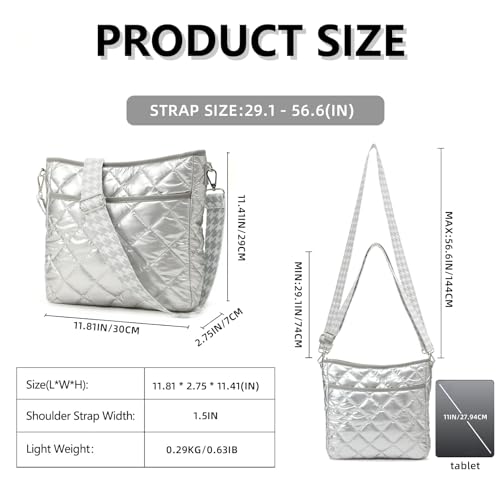 JVCV® Women's Quilted Puffer Crossbody Bag - Lightweight & Stylish Shoulder Bag with Adjustable Strap - Perfect for Everyday & Travel (Silver) - Image 2