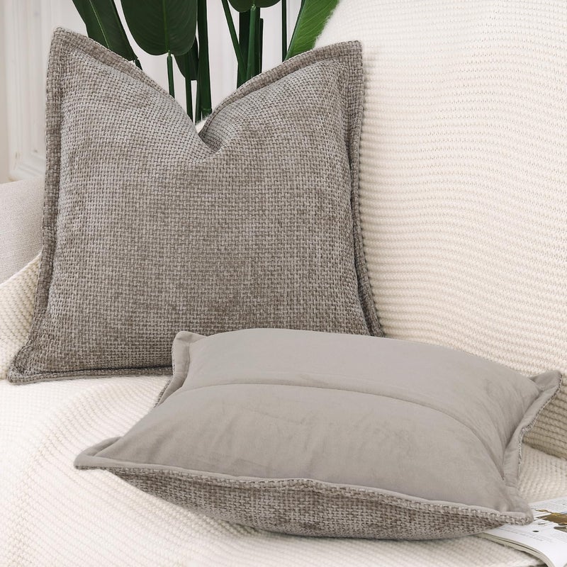 MADIZZ Chenille Velvet Throw Pillow Covers with Flange Set of 2 Super Soft Boho Textured Pillow Covers Decorative Throw Pillowcases Modern Farmhouse Home Decor for Sofa Bedroom Taupe 20x20 Inch - Image 2