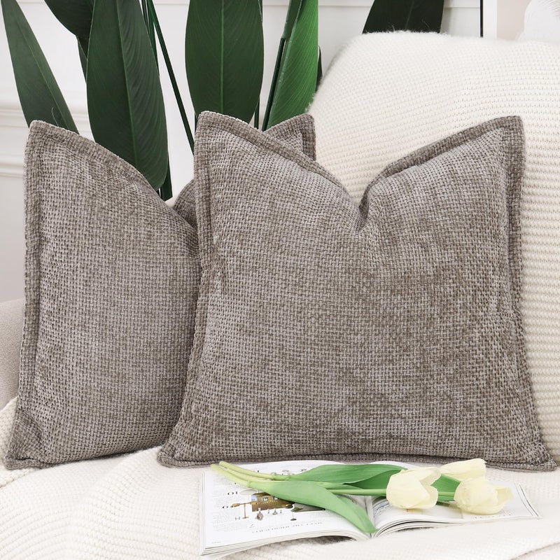 MADIZZ Chenille Velvet Throw Pillow Covers with Flange Set of 2 Super Soft Boho Textured Pillow Covers Decorative Throw Pillowcases Modern Farmhouse Home Decor for Sofa Bedroom Taupe 20x20 Inch - Image 1