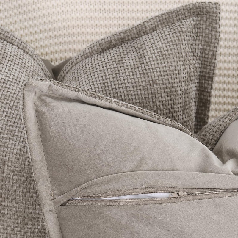 MADIZZ Chenille Velvet Throw Pillow Covers with Flange Set of 2 Super Soft Boho Textured Pillow Covers Decorative Throw Pillowcases Modern Farmhouse Home Decor for Sofa Bedroom Taupe 20x20 Inch - Image 4