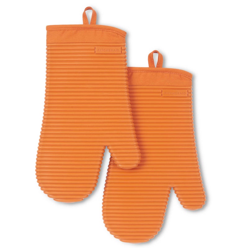 KitchenAid Ribbed Soft Silicone Oven Mitt 2-Pack Set  Honey  7.5""x13"" - Image 1