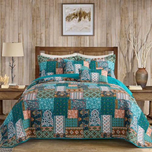 VAPUTAR Cotton King Quilt Size Floral Patchwork King Bedspread Lightweight Quilt King Size for All Seasons Reversible Green Soft Coverlets 98 x 106 Inch Quilts 2 Pillowcases Pine Green - Image 1