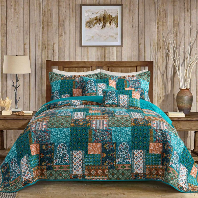 VAPUTAR Cotton King Quilt Size Floral Patchwork King Bedspread Lightweight Quilt King Size for All Seasons Reversible Green Soft Coverlets 98 x 106 Inch Quilts 2 Pillowcases Pine Green - Image 2