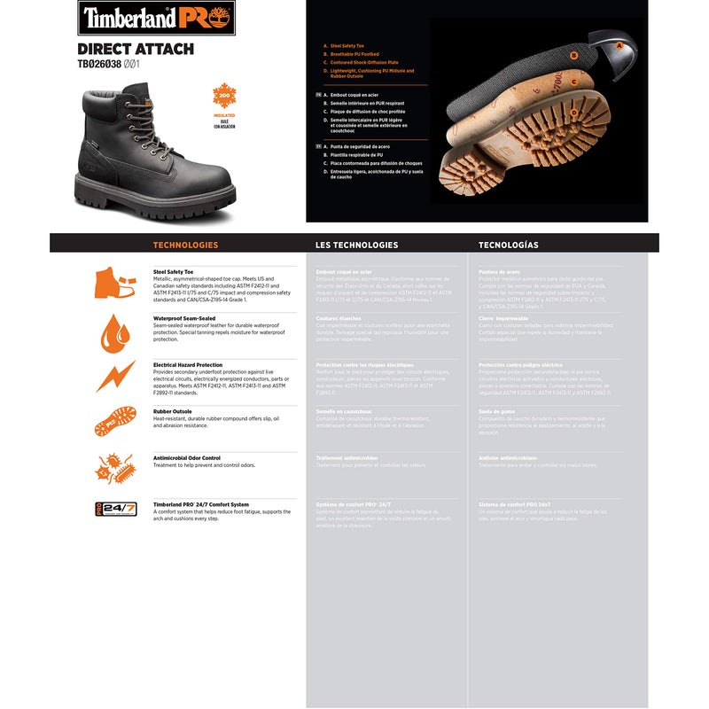 Timberland حذاء تيمبرلاند برو للرجال 26038 بتصميم مباشر بارتفاع 6 بوصات مع مقدمة فولاذية، أسود، 10.5 W - Image 2