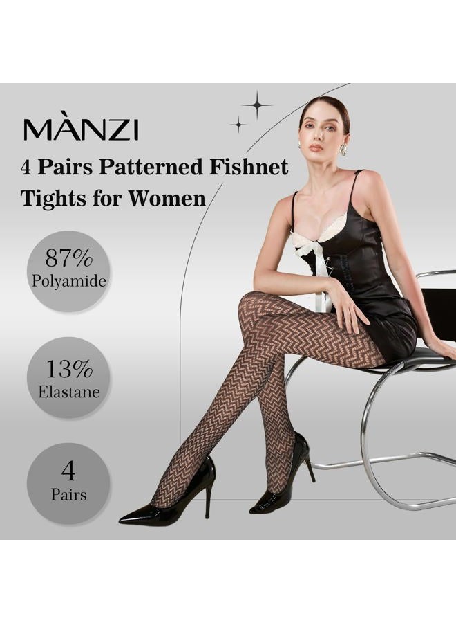 MANZI Patterned Tights for Women Fishnet Stocking(Pack of 4), Diamond&wave,4 Pairs,black, One size - Image 4