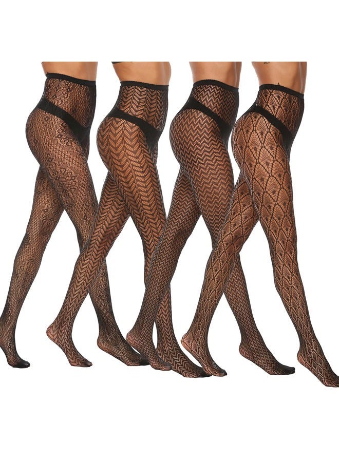 MANZI Patterned Tights for Women Fishnet Stocking(Pack of 4), Diamond&wave,4 Pairs,black, One size - Image 1