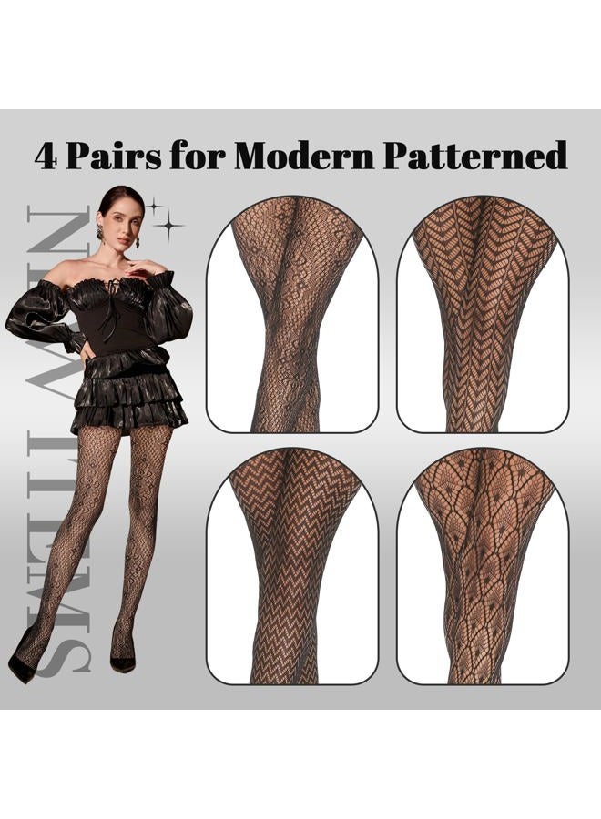 MANZI Patterned Tights for Women Fishnet Stocking(Pack of 4), Diamond&wave,4 Pairs,black, One size - Image 3