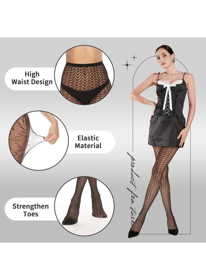 MANZI Patterned Tights for Women Fishnet Stocking(Pack of 4), Diamond&wave,4 Pairs,black, One size - Image 2