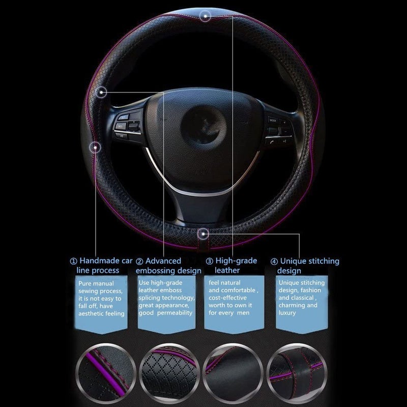 Reswish ESEWALAS Universal Car Steering Wheel Cover,Anti-Slip Leather Steering Wheel Cover,Sports Style Steering Wheel Protector,Car Interior Accessories Auto Steering Wheel Covers (Black with Purple) - Image 2