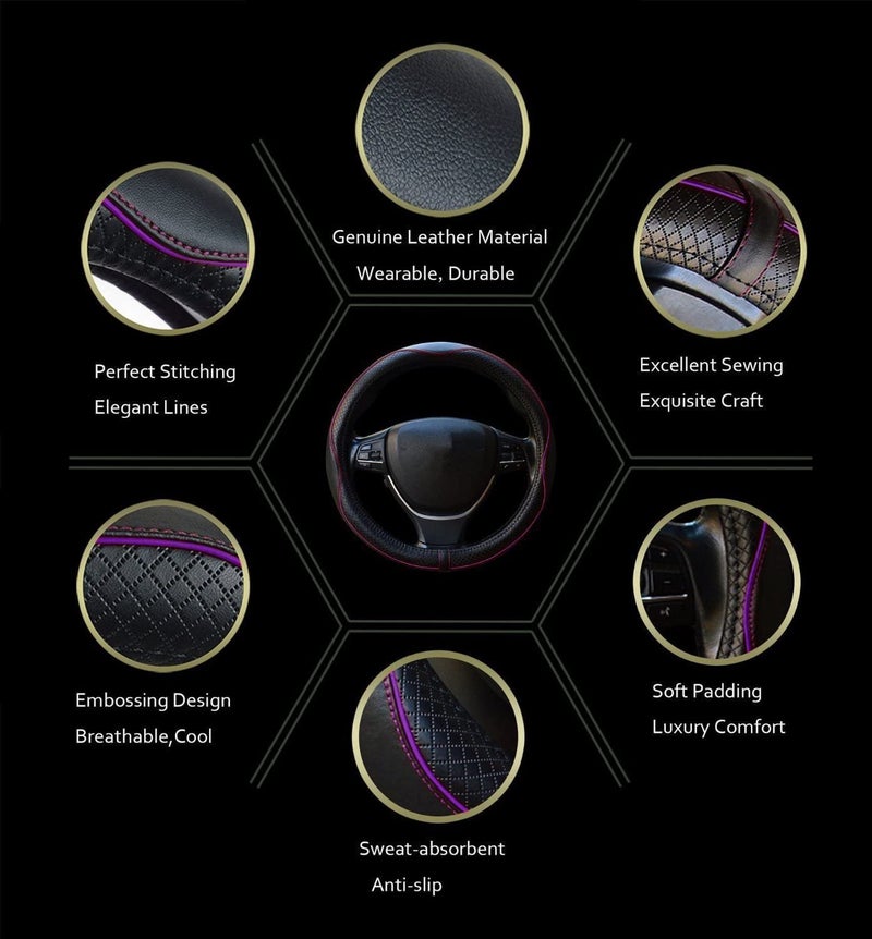Reswish ESEWALAS Universal Car Steering Wheel Cover,Anti-Slip Leather Steering Wheel Cover,Sports Style Steering Wheel Protector,Car Interior Accessories Auto Steering Wheel Covers (Black with Purple) - Image 5