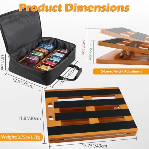 GOGHOST Wooden Guitar Pedal Board 15.75" x 11.8", Foldable Pedalboard 2-Level Adjustable Height Lightweight Pedal Stand, with 4 Pcs 6 Inch Guitar Patch Cables, Portable Carry Bag, Hook-and-Loop Tapes - Image 2