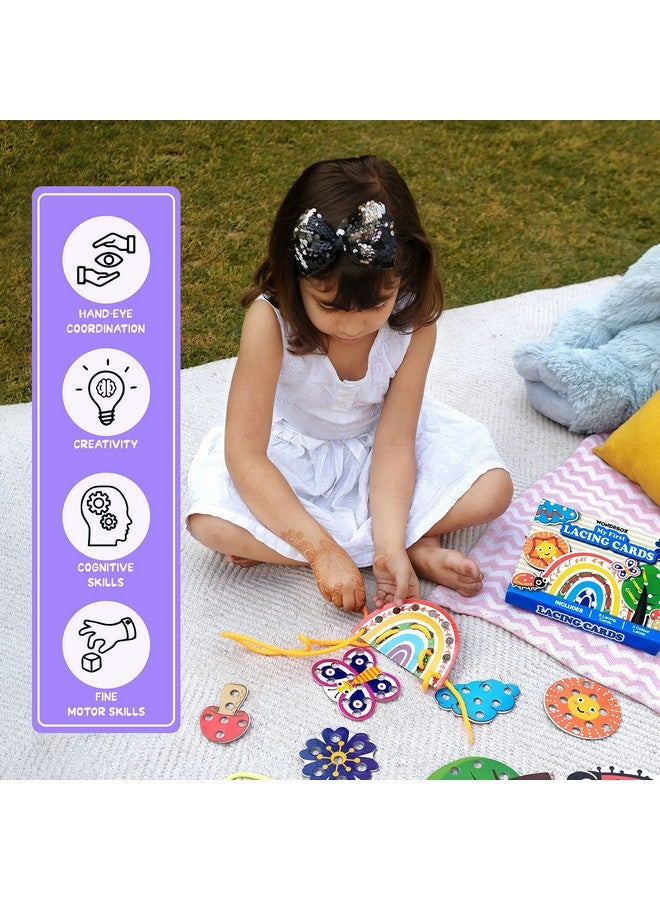 WONDRBOX Lacing Activity for Kids | Includes 8 Big Cardboard Cutouts and 2 Laces | Montessori Educational Toys Gifts for Kids Age 2 3 4 - Multi Color (Nature Lacing-12) - Image 1
