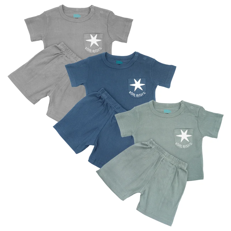 Babies Basic Babies Basic Ribbed Cotton Short Sleeves T-shirt and Plain Shorts Set, Multi Color
