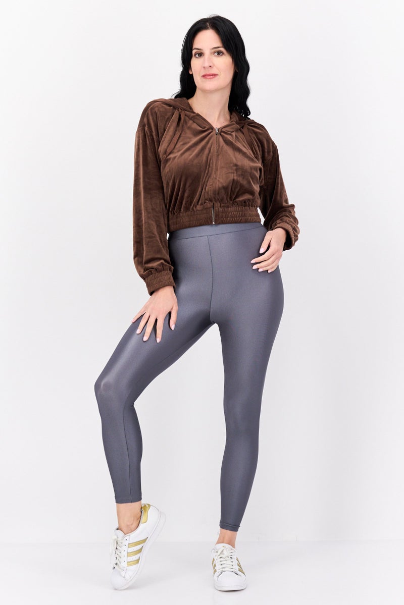 NIA Women Velvet Full Zip Hooded Sweatshirt, Dark Brown - Image 4