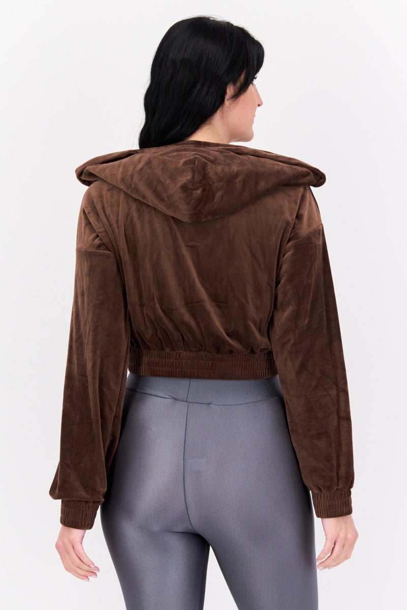 NIA Women Velvet Full Zip Hooded Sweatshirt, Dark Brown - Image 3