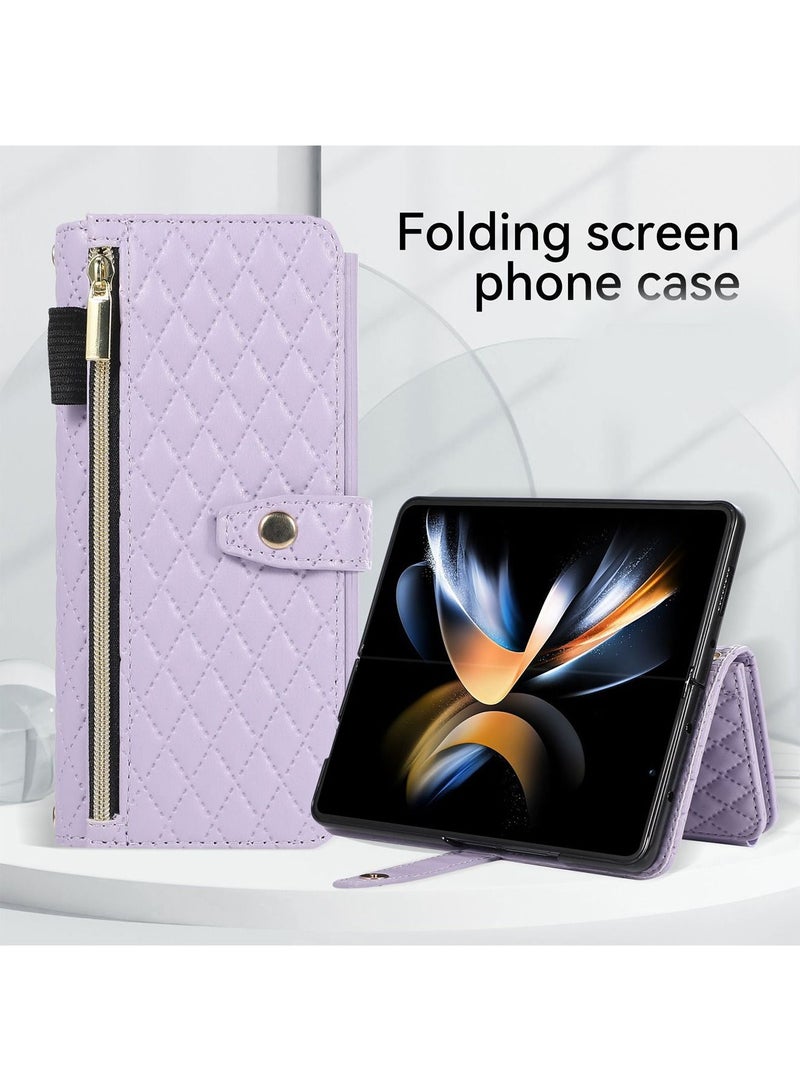 Samsung Galazy Z Fold 5 Case, Z Fold 5 Case Wallet for Women Men, Durable PU Leather Magnetic Wallet Flip Lanyard Strap Wristlet Zipper Card Holder Phone Case for Samsung Galaxy Z Fold 5  - Image 4
