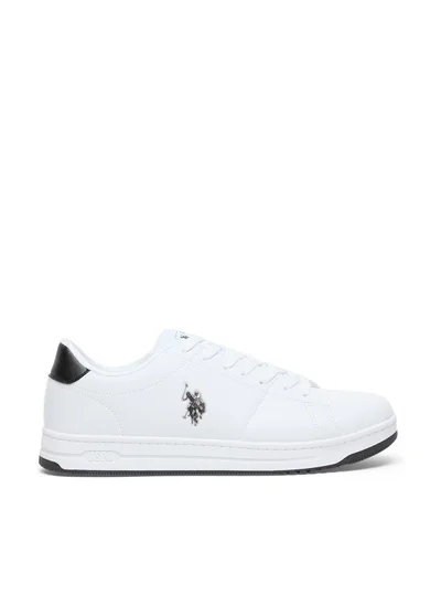 U.S. Polo Assn. Men's White Low-Top Sneakers with Black Heel Accent - Stylish Lace-Up Design Shoes with Comfort Cushioned Sole for Everyday Wear