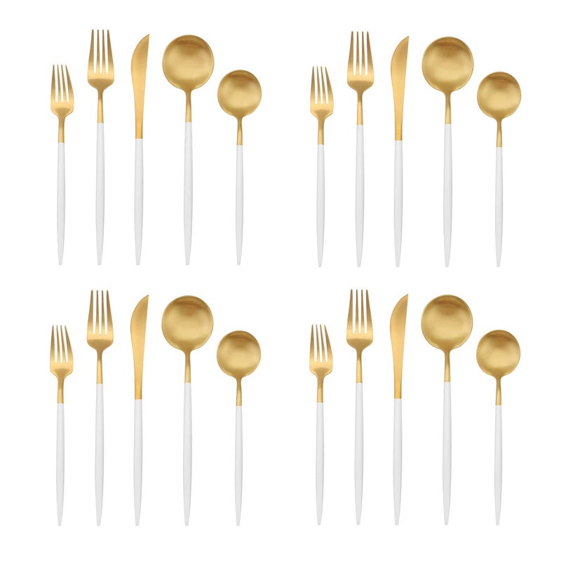 Matte Gold Silverware Set with white handle Bysta 20Piece Stainless Steel Flatware Set Kitchen Utensil Set Service for 4 Tableware Cutlery Set for Home and Restaurant Dishwasher Safe