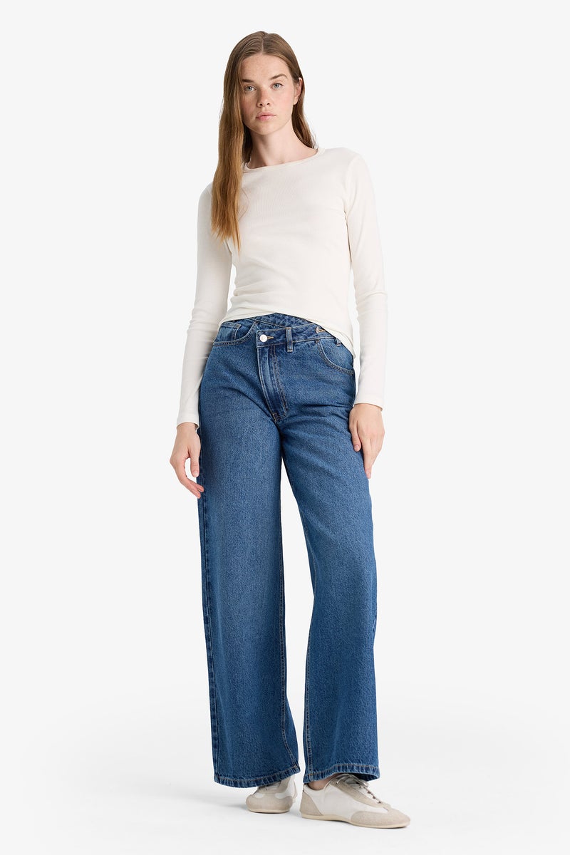 DeFacto Blue Woman Wide Leg Regular Hem Jean Trousers Casual - Image 1