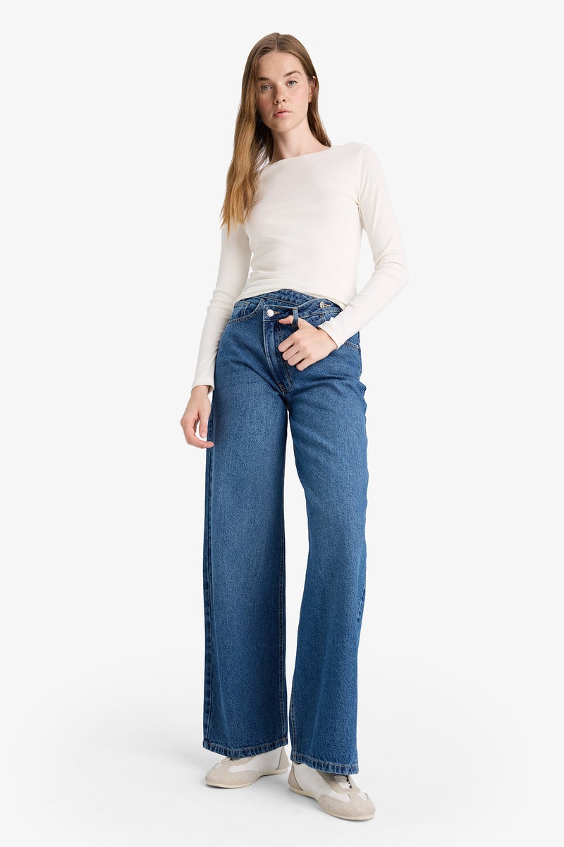 DeFacto Blue Woman Wide Leg Regular Hem Jean Trousers Casual - Image 2