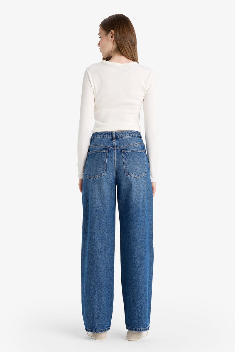 DeFacto Blue Woman Wide Leg Regular Hem Jean Trousers Casual - Image 5