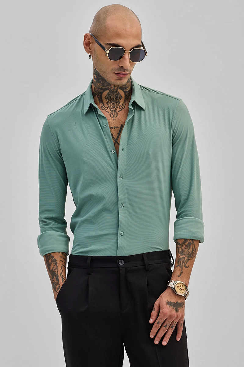 سنيتش Sage Green Textured Long Sleeve Slim Fit Casual Shirt