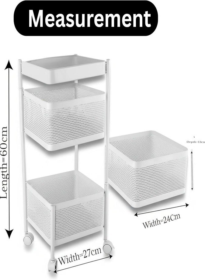 ليفي عربة تخزين مطبخ ليففي بثلاث طبقات مع عجلات - رف سلة مستطيل من الفولاذ - منظم دوار للفواكه والخضروات - رف تخزين وتنظيم منزلي للمطبخ (أبيض) - Image 4