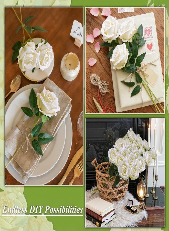 HyeFlora 50 PCS Ivory Roses Artificial Flowers, Fake Roses with Stem Realistic Silk Roses for DIY Wedding Bouquets Tables Centerpieces Arrangements Baby Shower Birthday Home Decor Valentine's Day Gift for Her - Image 3