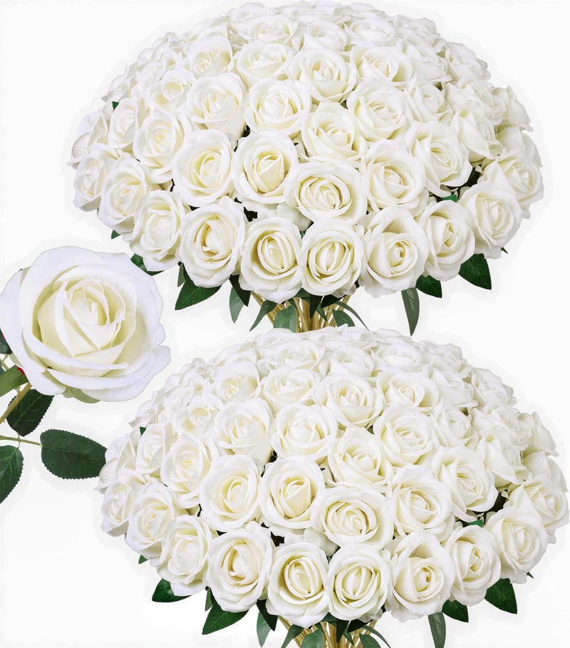 HyeFlora 50 PCS Ivory Roses Artificial Flowers, Fake Roses with Stem Realistic Silk Roses for DIY Wedding Bouquets Tables Centerpieces Arrangements Baby Shower Birthday Home Decor Valentine's Day Gift for Her - Image 1