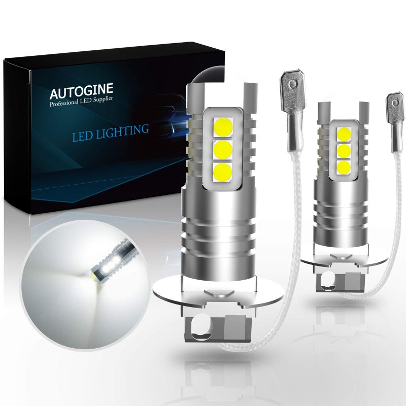 AUTOGINE مصابيح ضباب LED AUTOGINE H3، 2000 لومن شديدة السطوع مصابيح LED H3 3030-SMD مع بروجيكتور للسيارات والدراجات النارية والشاحنات وسيارات الدفع الرباعي (6000K أبيض زينون) - Image 1