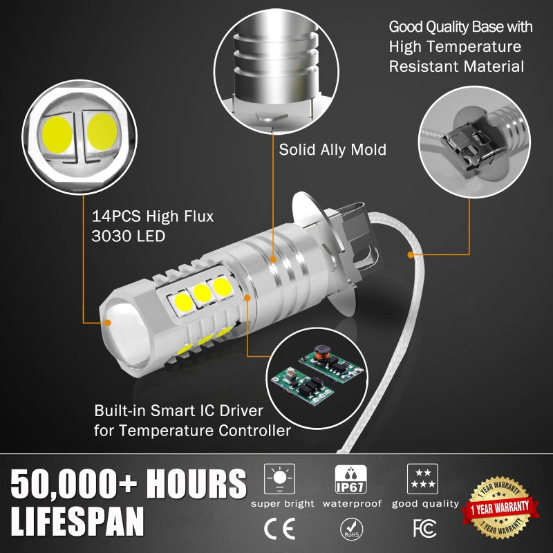 AUTOGINE مصابيح ضباب LED AUTOGINE H3، 2000 لومن شديدة السطوع مصابيح LED H3 3030-SMD مع بروجيكتور للسيارات والدراجات النارية والشاحنات وسيارات الدفع الرباعي (6000K أبيض زينون) - Image 5