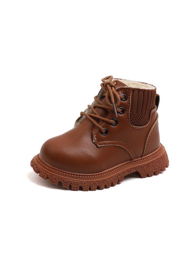 Children's Winter Solid Color Fleece-lined Boots Boys' Fashion Martin Boots Girls' Soft Sole Boots Large Cotton Leather Boots