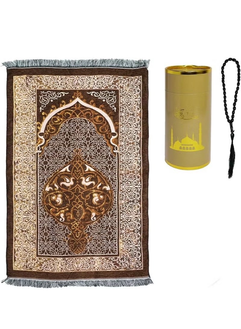 JiuAn Muslim Prayer Rug & Beads Set with Stylish Cylinder Gift Box Janamaz Sajadah Ultra-Soft Taffeta Prayer Mat Perfect Islamic Spiritual Gift for Ramadan Islamic Mosque Dome Pattern Coffee - Image 1