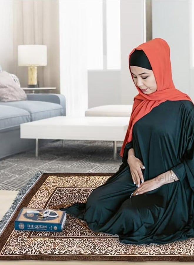 JiuAn Muslim Prayer Rug & Beads Set with Stylish Cylinder Gift Box Janamaz Sajadah Ultra-Soft Taffeta Prayer Mat Perfect Islamic Spiritual Gift for Ramadan Islamic Mosque Dome Pattern Coffee - Image 3