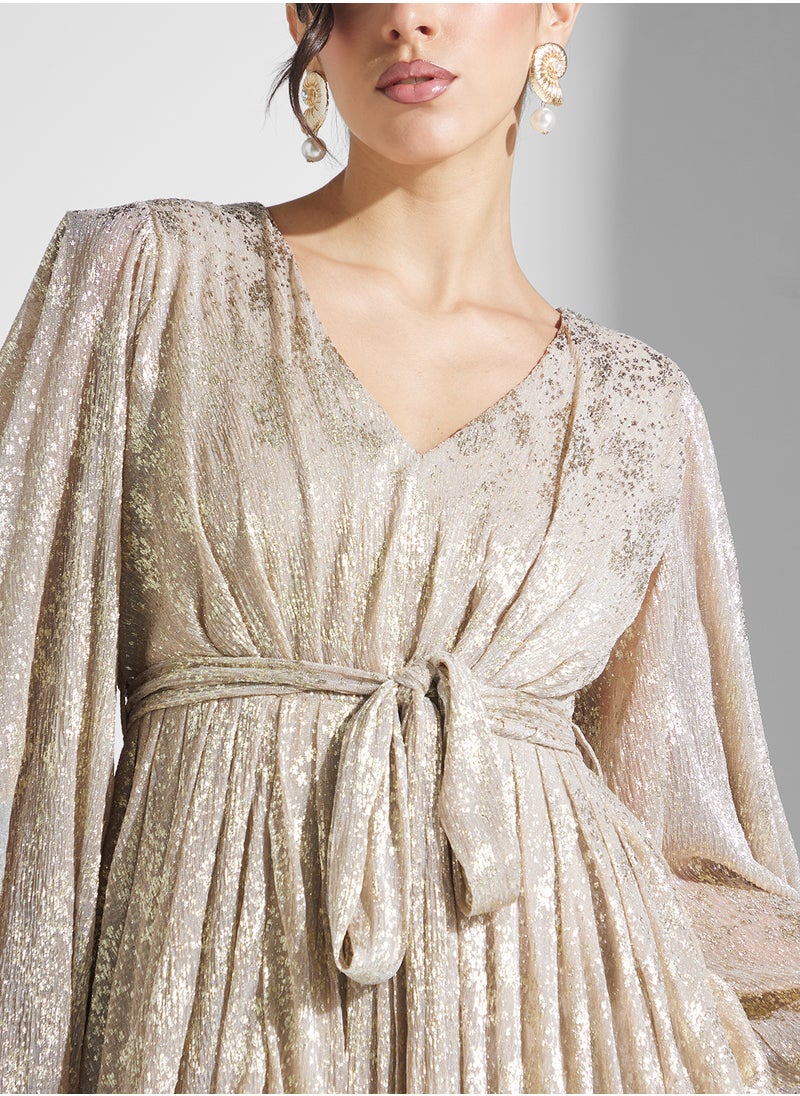 Khizana Metallic Ruffle Sleeve Self Tie Maxi Dress  - Image 3