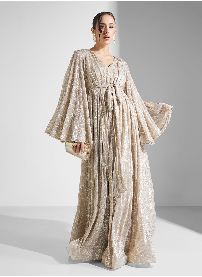 Khizana Metallic Ruffle Sleeve Self Tie Maxi Dress  - Image 4