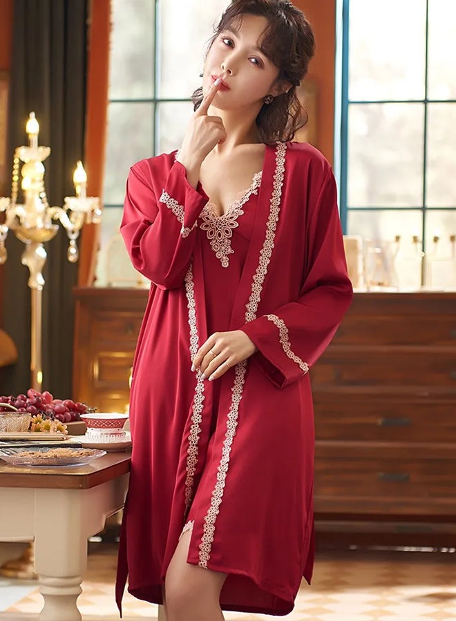 MARGOUN XXL Size Pajama Set Satin 2PCS Sleep Set Women Kimono Bathrobe Gown Wedding Sleepwear Nighty Robe Suit Intimate Lingerie Sleepwear Red /MG17 - Image 3