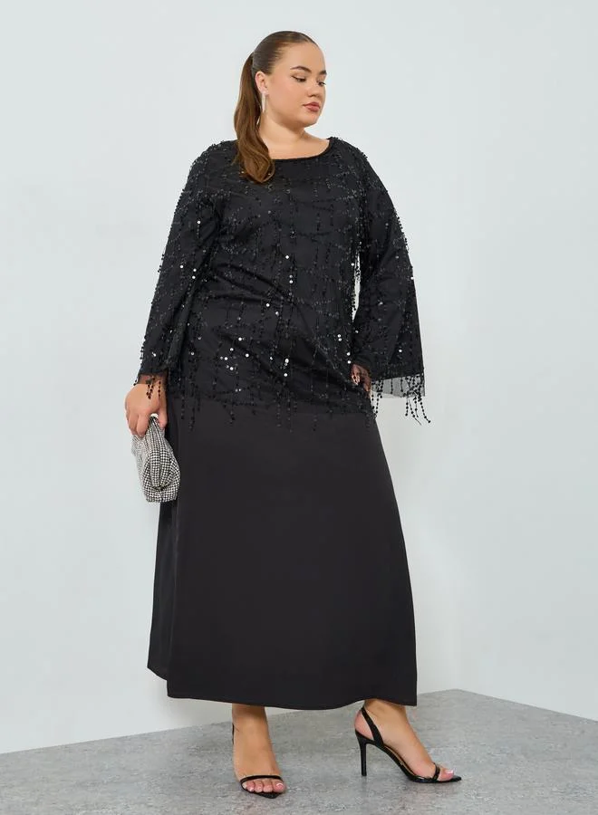 Styli Plus Size Black Sequin Long Sleeves A-Line Maxi Dress