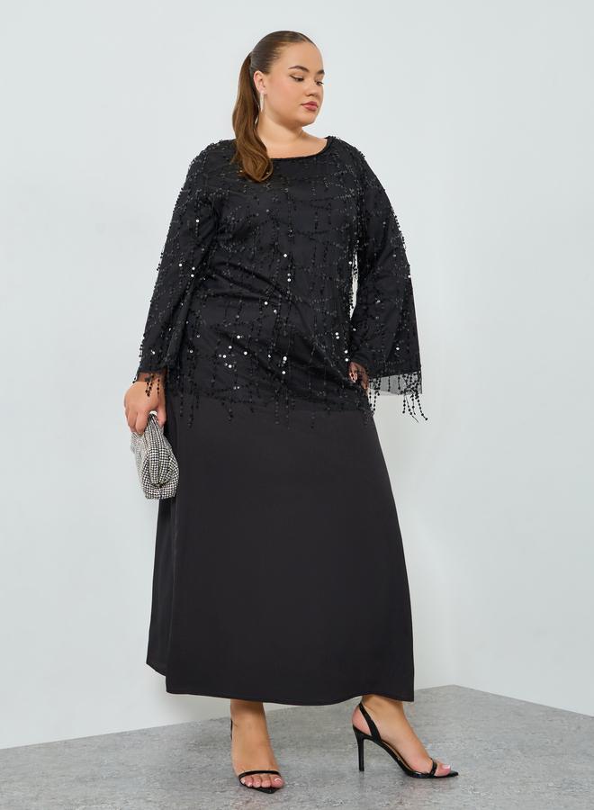 ستايلي فستان طويل مقاس كبير بالترتر وأكمام طويلة وحافة واسعة - Image 1