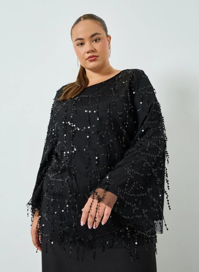 Styli Plus Size Black Sequin Long Sleeves A-Line Maxi Dress