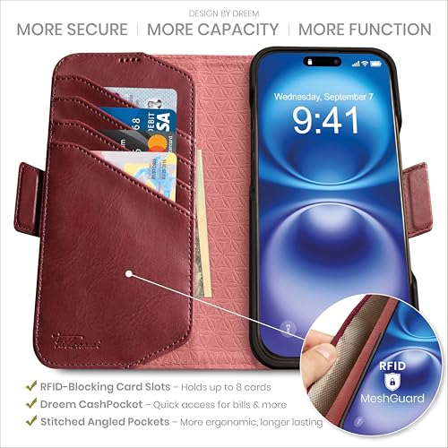 Dreem for iPhone 16 Pro Max Case Wallet, Revolutionary Phone Stand, Vegan Leather, MagSafe-Fit, Magnetic Detachable Flip Cover, RFID Blocking Card Holder, Gift-Box [Fibonacci:Burgundy] - Image 2