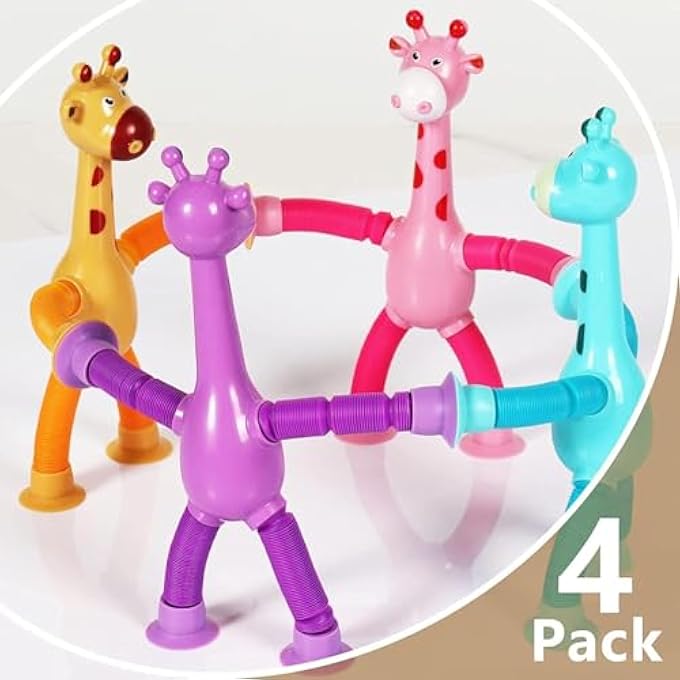 SUKILO Set of 4 Bendable Giraffe Figures Flexible Suction Cup Telescopic Pop Tube Toys, Fidget Sensory Toys for Kids, Fun Stress Relief for Girls and Boys - Image 3