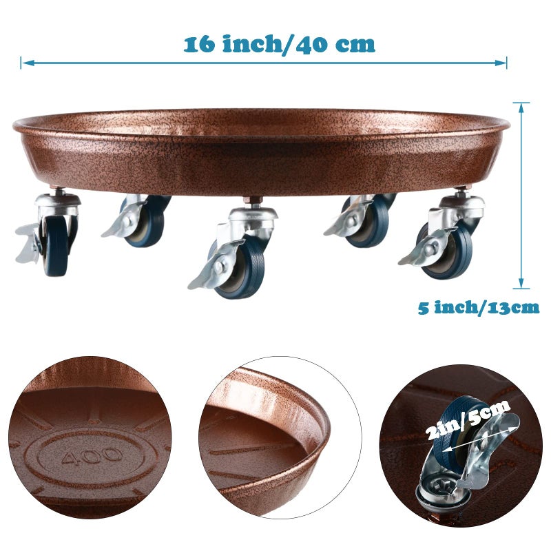 Planterhoma 3 Packs 16" Metal Plant Caddy with Wheels Extra-Large Rolling Plant Stand Heavy-Duty Plant Dolly with Casters Indoor Outdoor Wheeled Flower Pot Mover Rollers Garden Cart Trolley, Copper - Image 2
