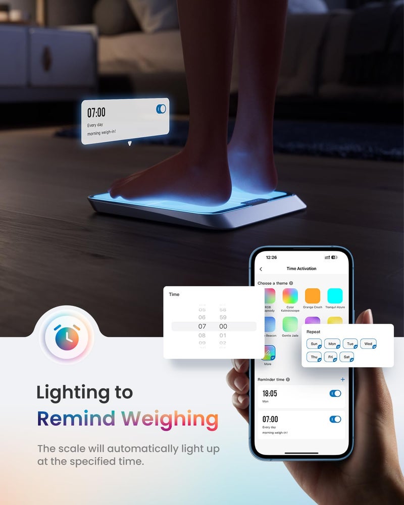 RENPHO Smart Body Fat Scale with Light, Fitness Equipment with RGB Lighting, Rechargeable Scale with BMI, Body Fat, Muscle Mass, Color Changing with Weight Variation, Elis Chroma - Image 2