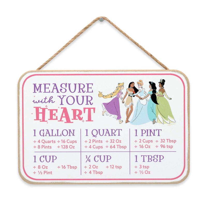 Open Road Brands Disney Princess Hanging Wood Measuring Sign - Cute Kitchen Conversion Chart Featuring Rapunzel  Pocahontas  Cinderella  Jasmine and Tiana - Image 1