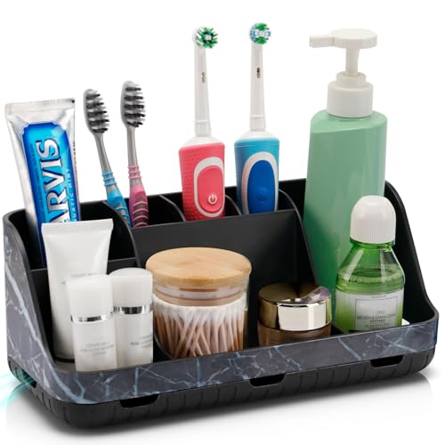 GFWARE Marble Black Toothbrush Holders for Bathrooms - Detachable 7 Slots Bathroom Organizer Countertop Matte Black Electric Toothbrush and Toothpaste Holder for Bathroom Counter Vanity Sink Storage - Image 1