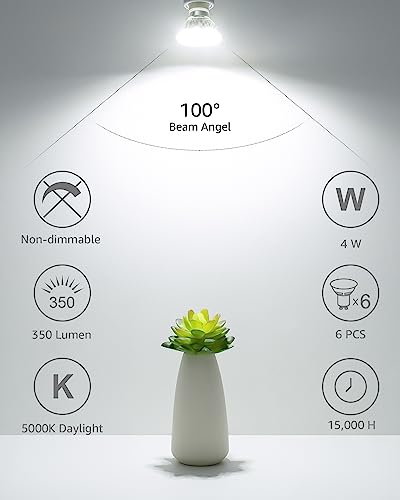 Lepro LE GU10 LED Light Bulbs Non-Dimmable, 5000K Daylight White GU10 Bulb Replacement for Recessed Track Lighting, 4W LED Bulbs with 100°Flood Beam for Kitchen, Range Hood, Living Room, Bedroom, 6 Pack - Image 2