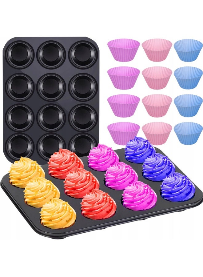12 Cup Muffin and Cupcake Baking Pan – Reusable Non-Stick Alloy Cake Mold with 12 Colored Silicone Cups – Standard Size Cupcake Tray for Muffins, Cupcakes, Mini Cakes, Desserts and Home Kitchen Baking Supplies - Image 1